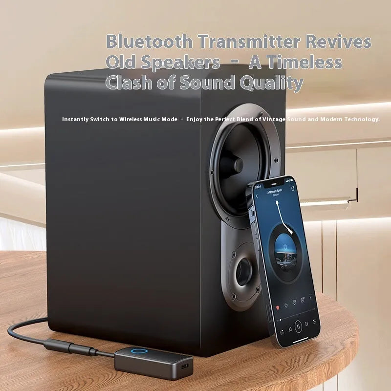 Black Bluetooth 5.4 audio adapter with a 3.5mm aux plug for wireless streaming to and from audio devices.