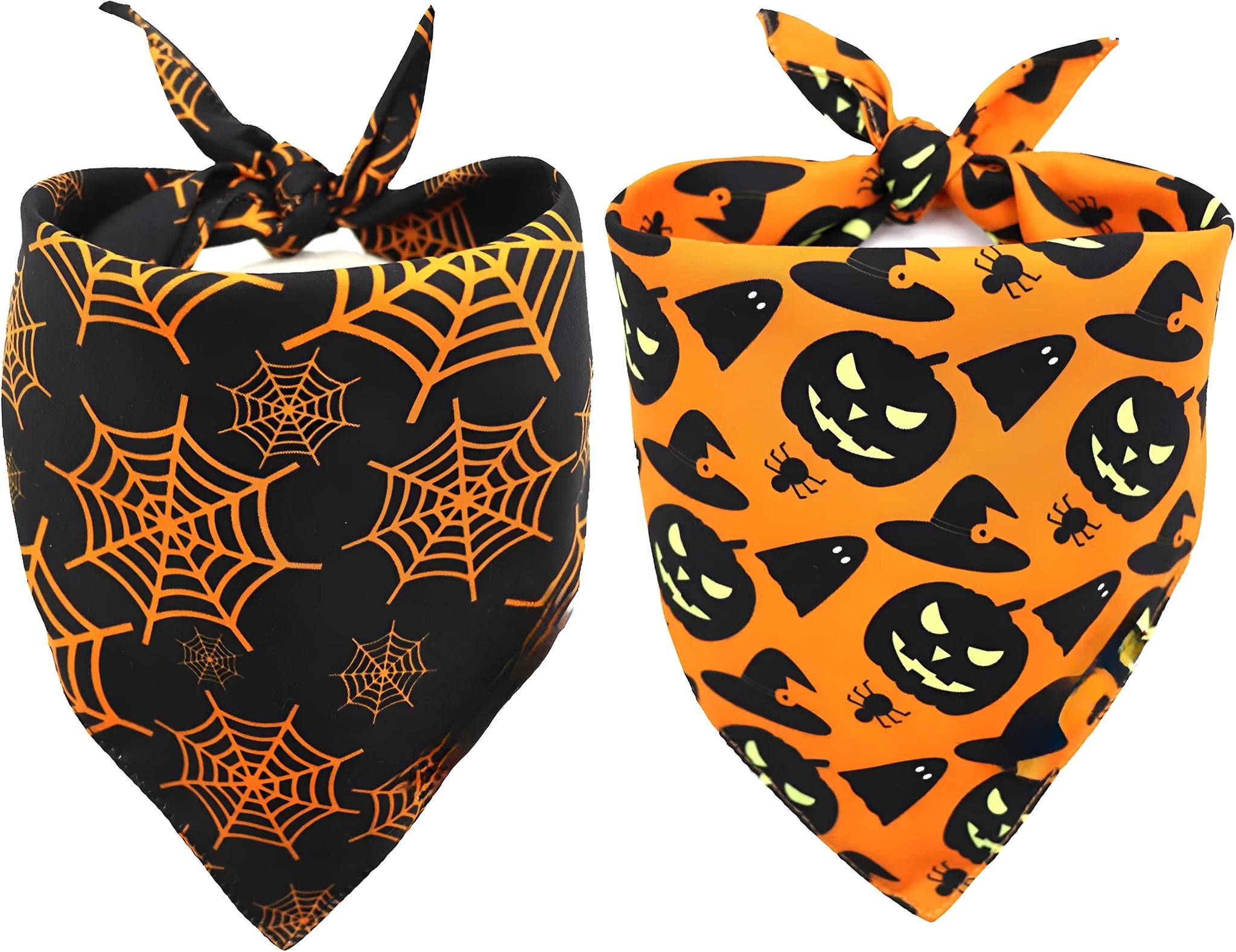 Reversible Halloween dog bandana with pumpkin and spider web patterns in black and orange colours