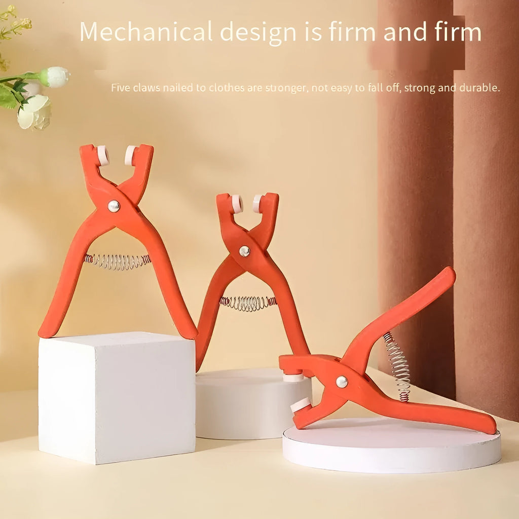 Five claw no-sew button fastener tool and stainless steel buttons for children's clothing.