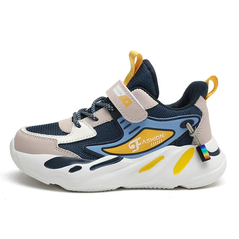 Boys' dark blue and black platform sports shoes with Velcro strap and mesh upper.