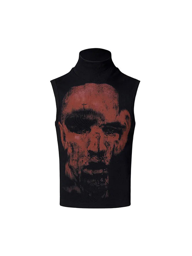 Black half turtleneck sleeveless slim-fit t-shirt with a character print on the front.