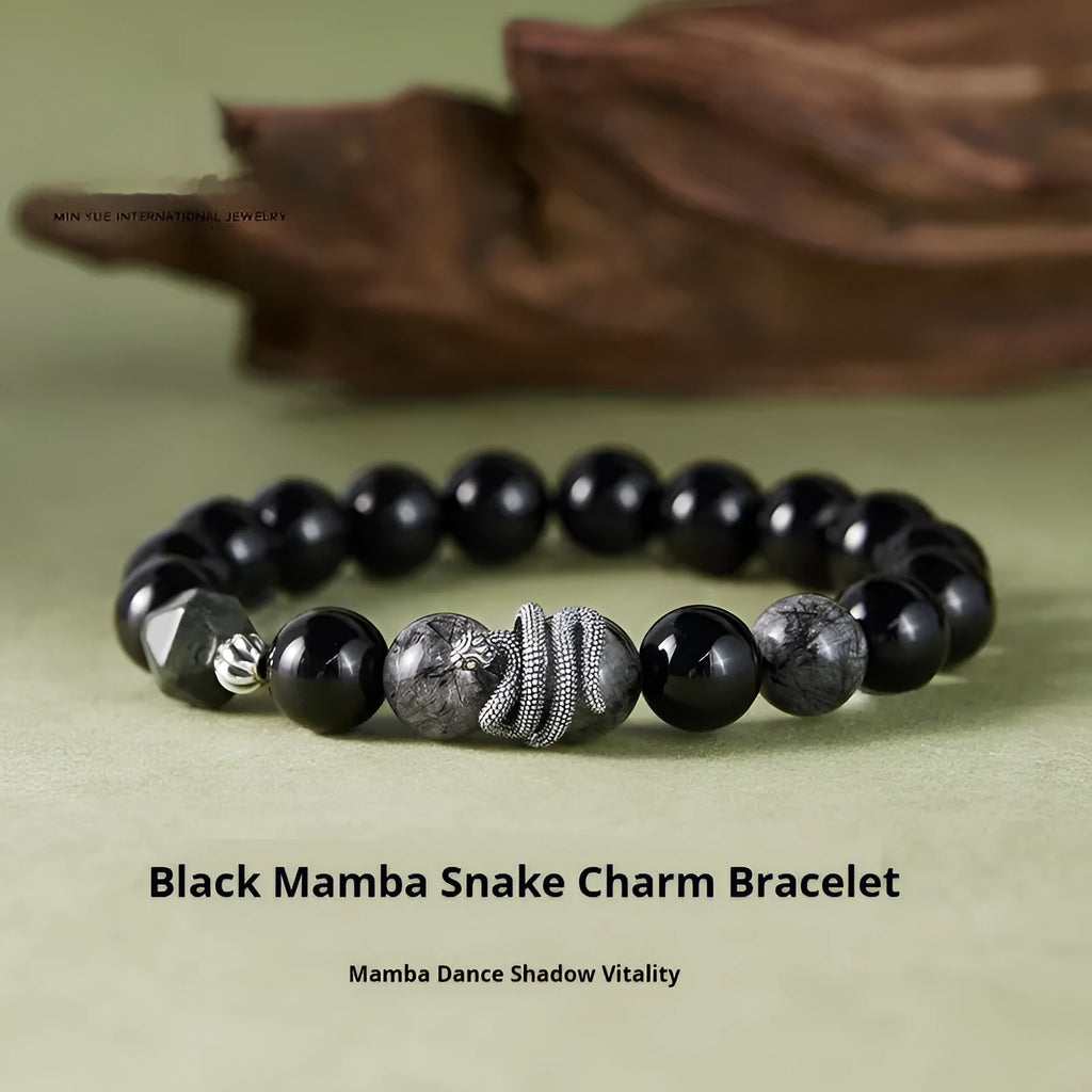 Men's black obsidian snake bracelet in 925 sterling silver with retro zodiac design