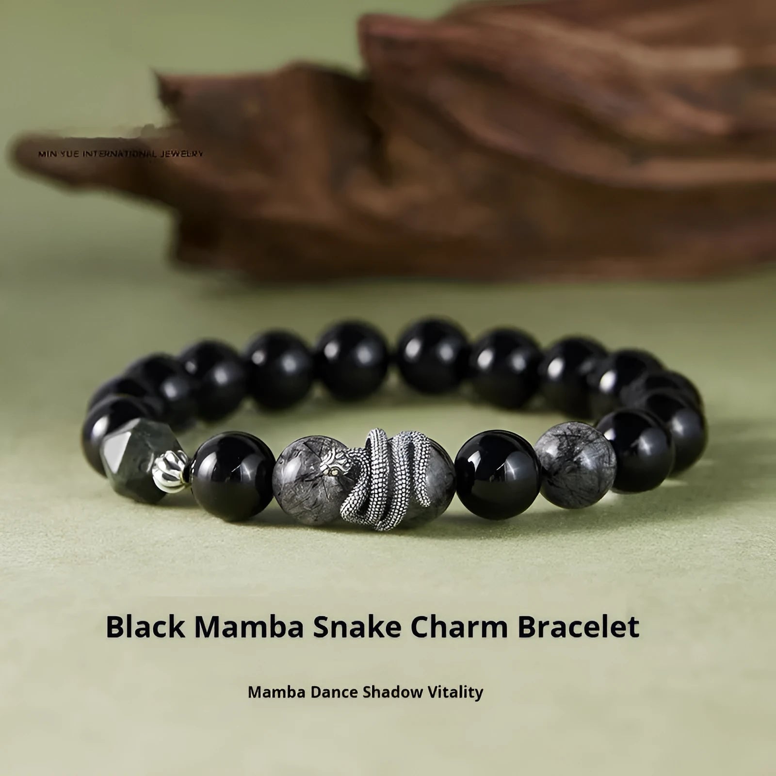 Men's black obsidian snake bracelet in 925 sterling silver with retro zodiac design