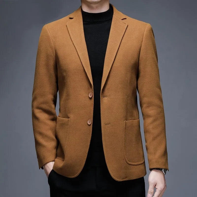 Men's loose fit winter jacket in woolen suit style available in grey, navy blue, red, and yellow