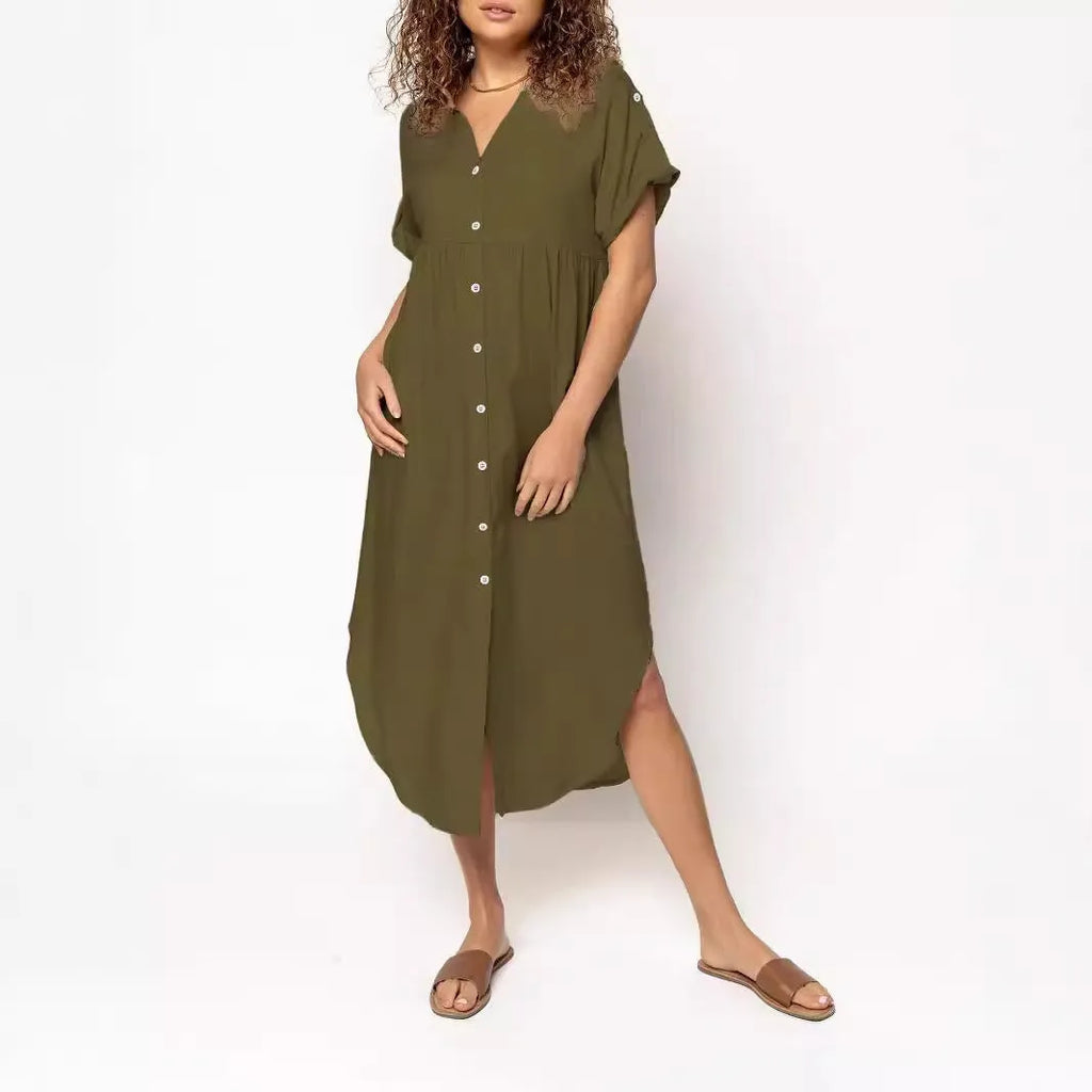 Women's loose casual button-front mid-length dress in solid colour on a hanger.