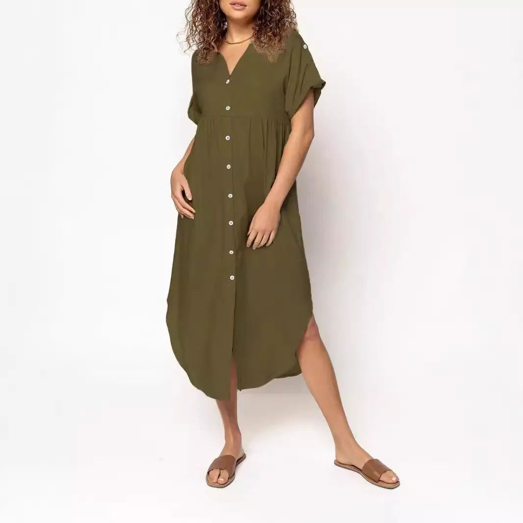 Women's loose casual button-front mid-length dress in solid colour on a hanger.