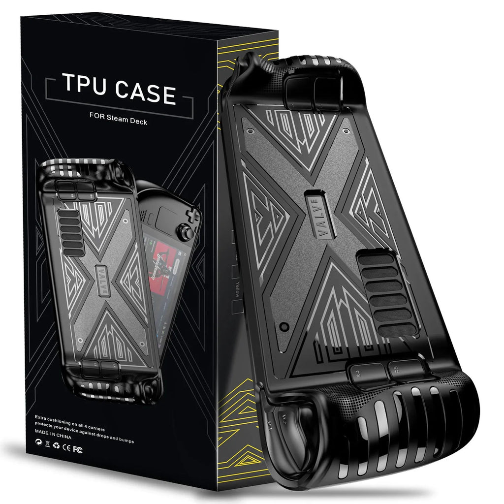 Red silicone protective case for Steam Deck handheld gaming console on a grey background.