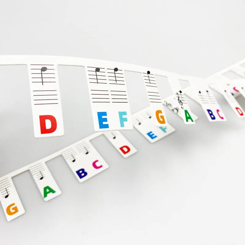 88 key piano note stickers with staff notation and coloured bars on white cardboard