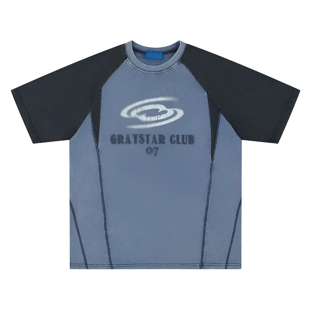 Men's blue hip hop letter print cotton t-shirt with raglan sleeves on a hanger