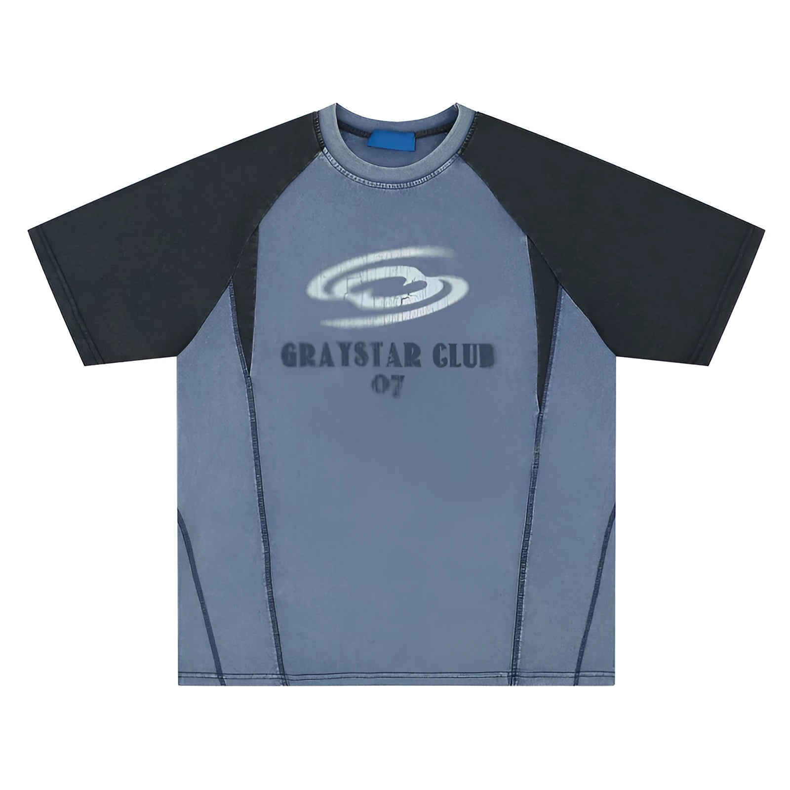 Men's blue hip hop letter print cotton t-shirt with raglan sleeves on a hanger