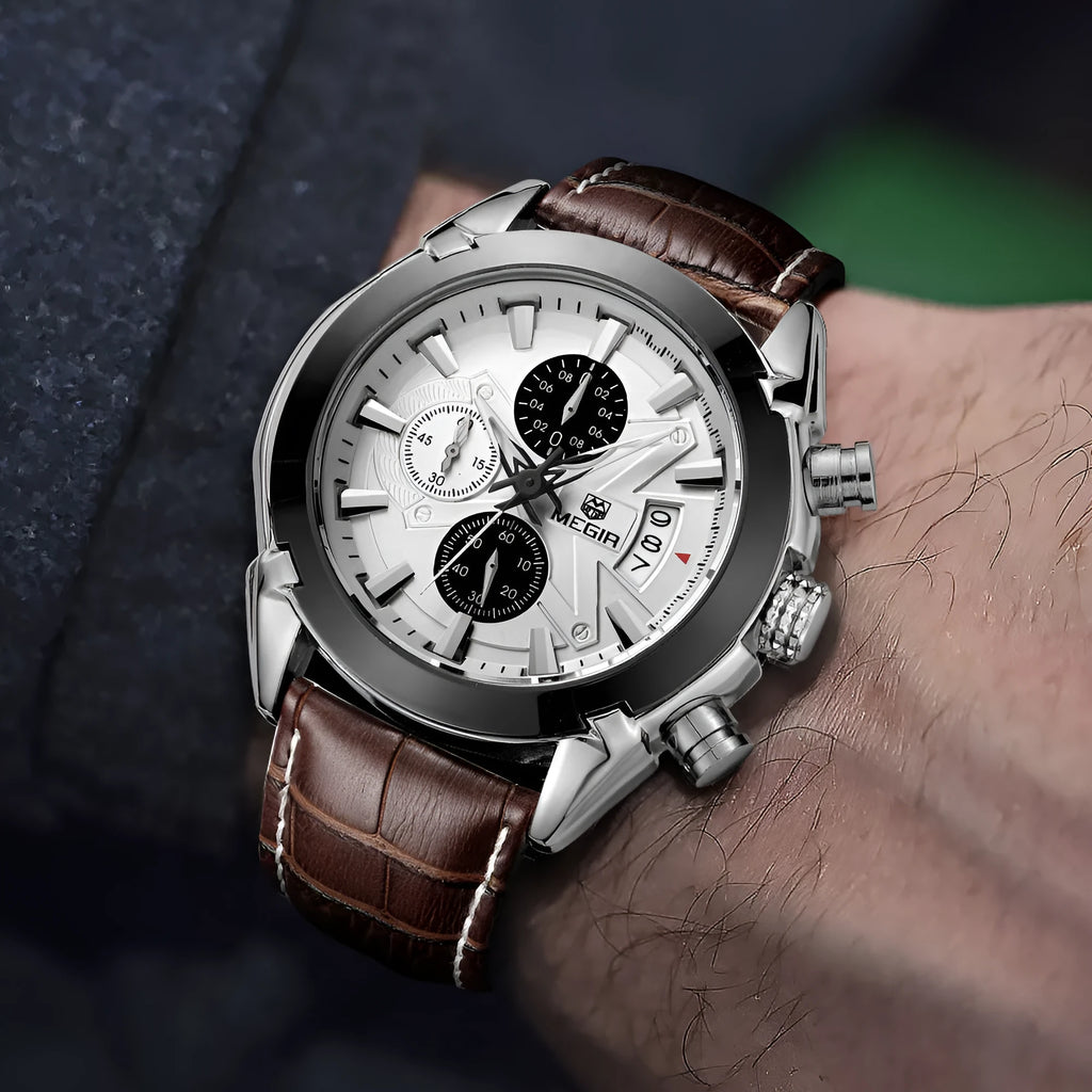 Men's multifunctional quartz chronograph watch with three sub-dials and luminous markers