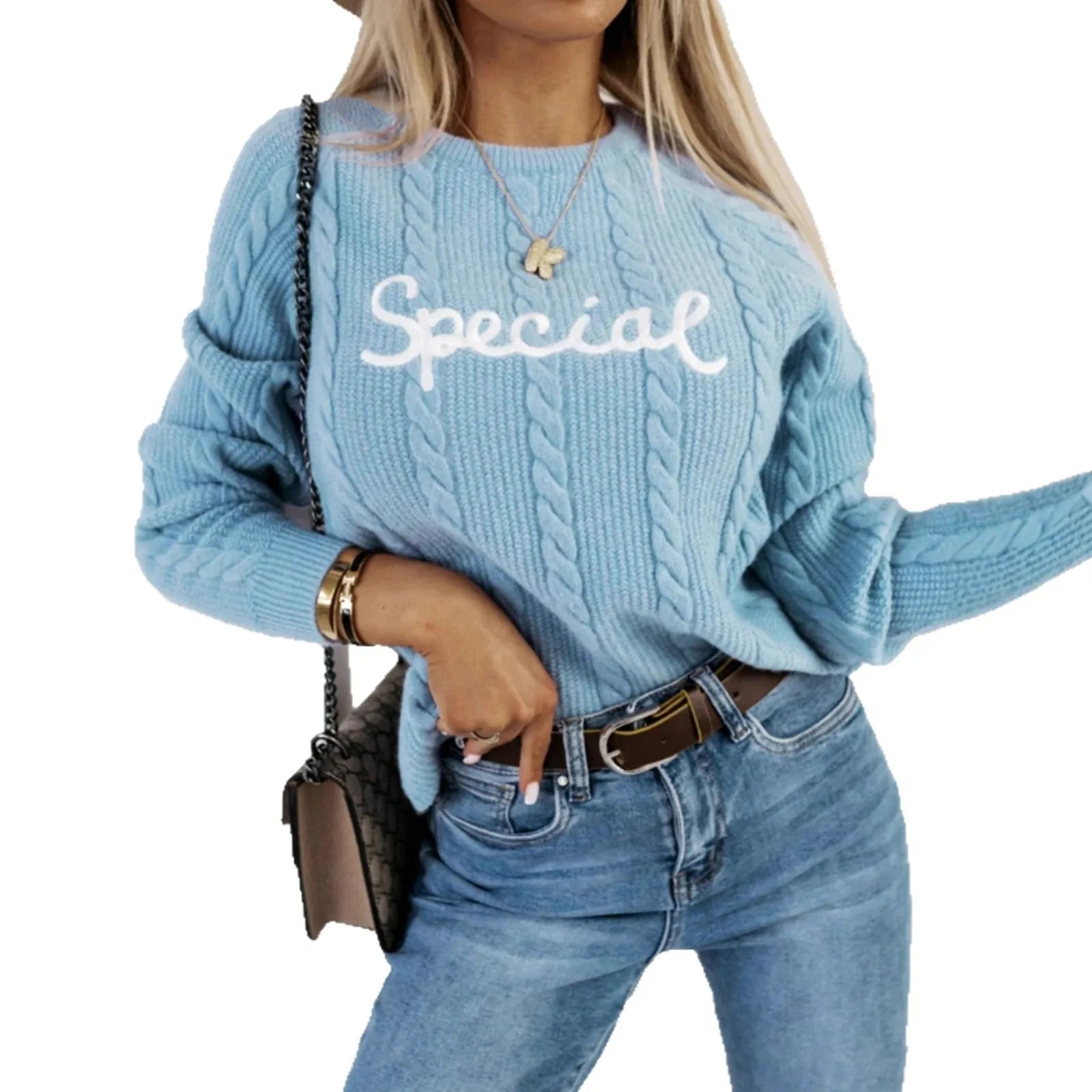 Blue leisure pullover sweater with embroidered letters text pattern crew neck street fashion style