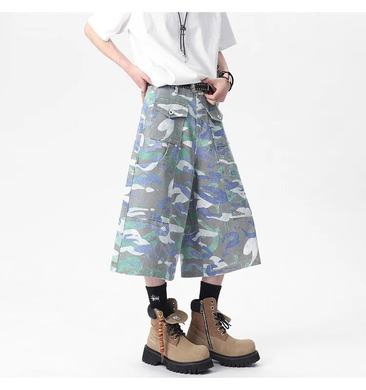 Camouflage colour cotton denim cropped work trousers with patch pockets and straight leg cut