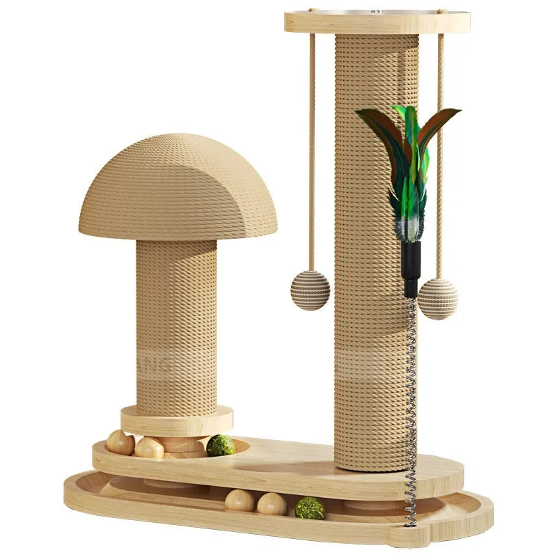 Solid wood cat scratching post with turntable and climbing platforms