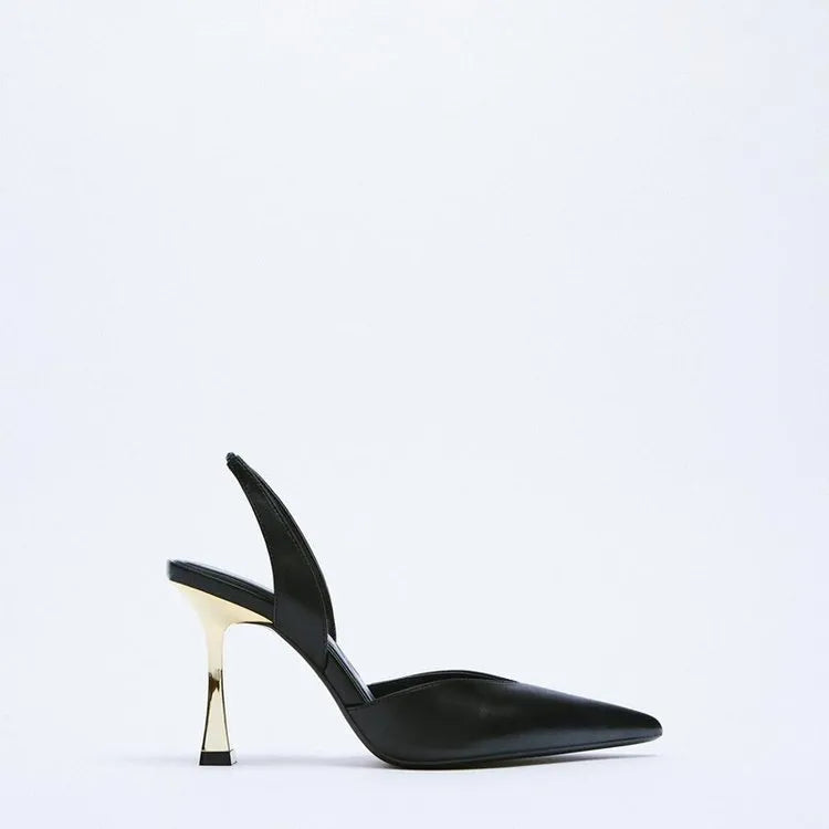 Women's pointed toe high heels in apricot patent leather, showing shallow mouth design.