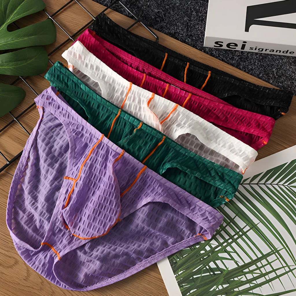 Men's low waist lace briefs in white, black, green, red, and light purple on a size chart.