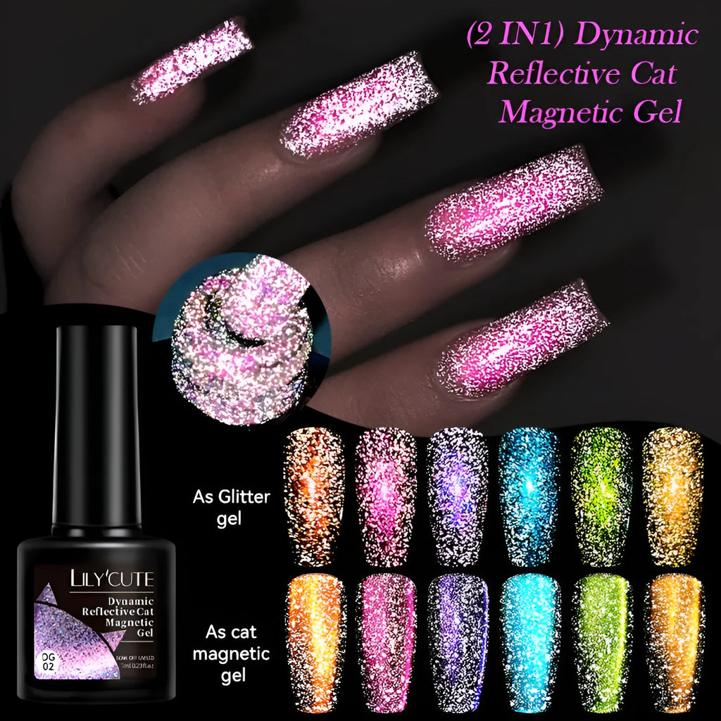 Six bottles of Diamond In The Debris Cat Eye Series UV gel nail polish in colours 01, 02, 03, 04, 05, and 06 with glitter.