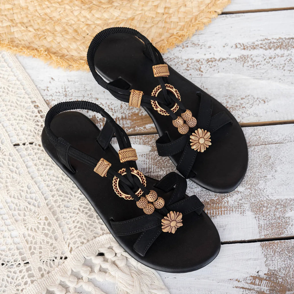 Black women's ethnic style flat sandals with woven open-toe design and beaded rhinestone decoration