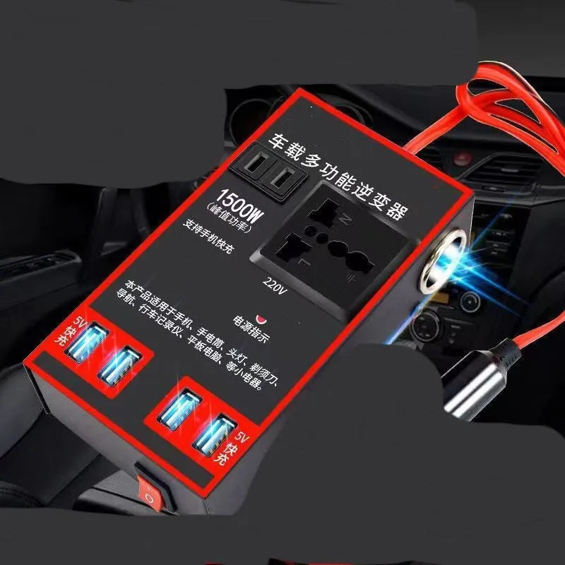 Black automotive power converter converting 12V/24V car power to 220V AC with 4 USB charging ports