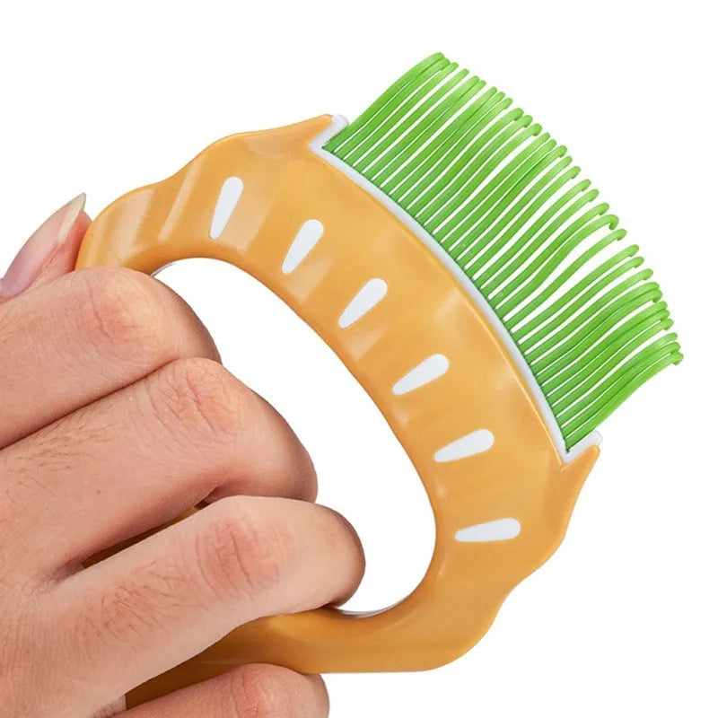 Shell-shaped pet grooming brush with bent wire bristles in green, orange or purple colours