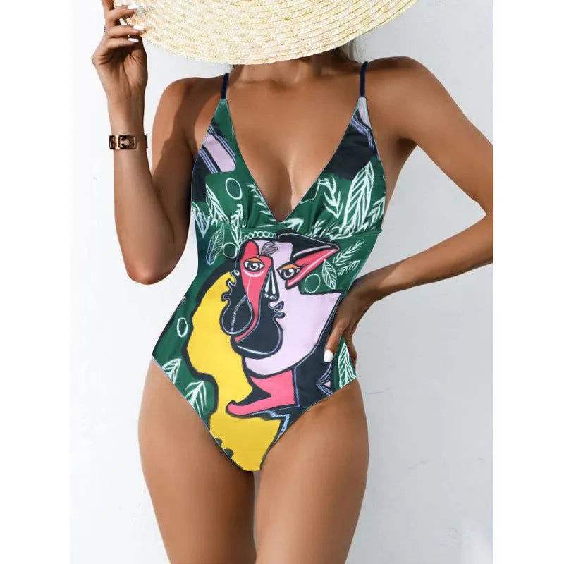 Women's plus size printed bikini swimsuit in solid colour with backless one-piece design