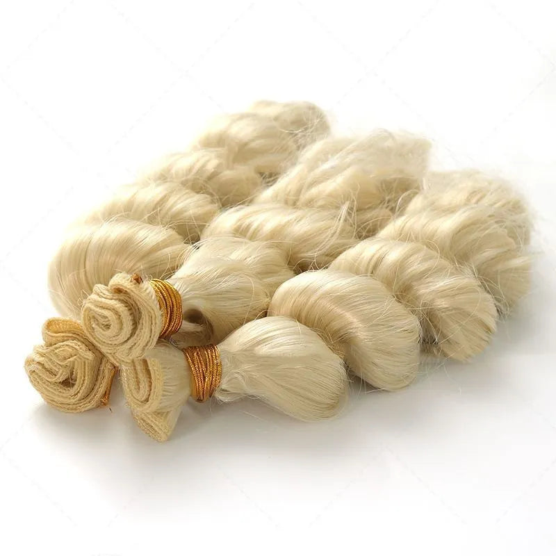 Golden synthetic hair weft wig for women shown in 18, 20 and 22 inch lengths