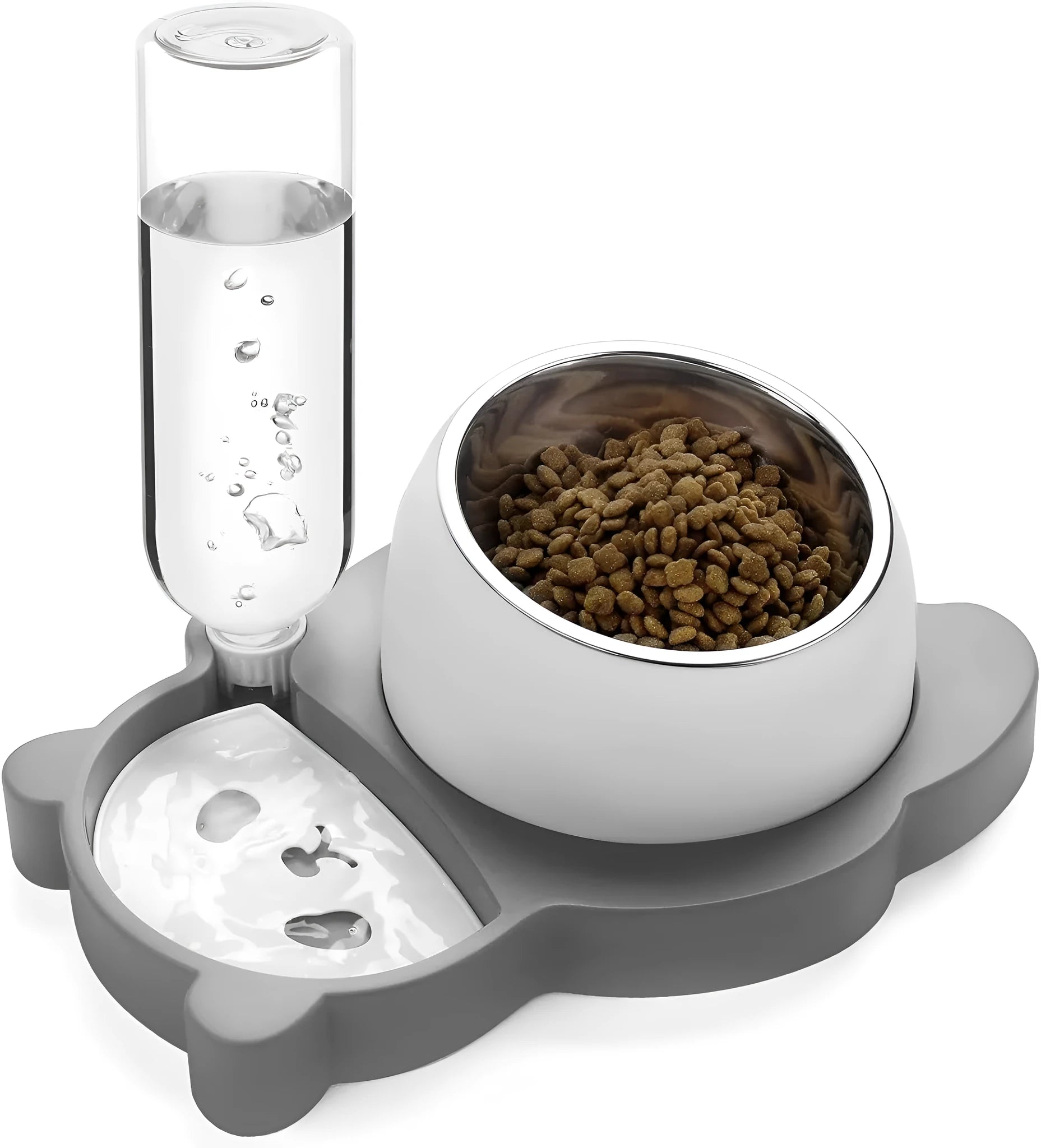 Grey elevated pet bowl set with tilted stainless steel bowls and automatic water bottle