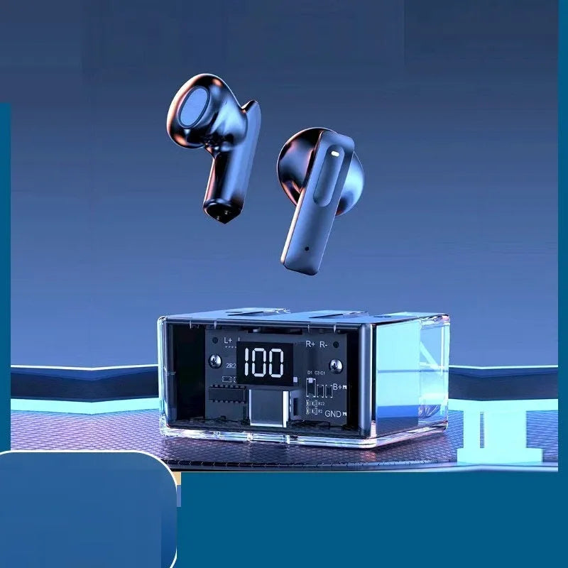Transparent space capsule case Bluetooth earphones showing digital display screen