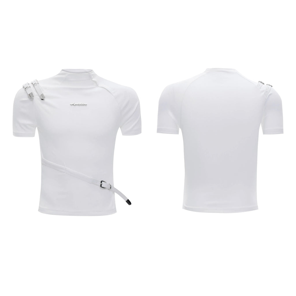 Cotton men's T-shirt with metal belt design and stand-up collar in black and white colours