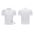 Cotton men's T-shirt with metal belt design and stand-up collar in black and white colours