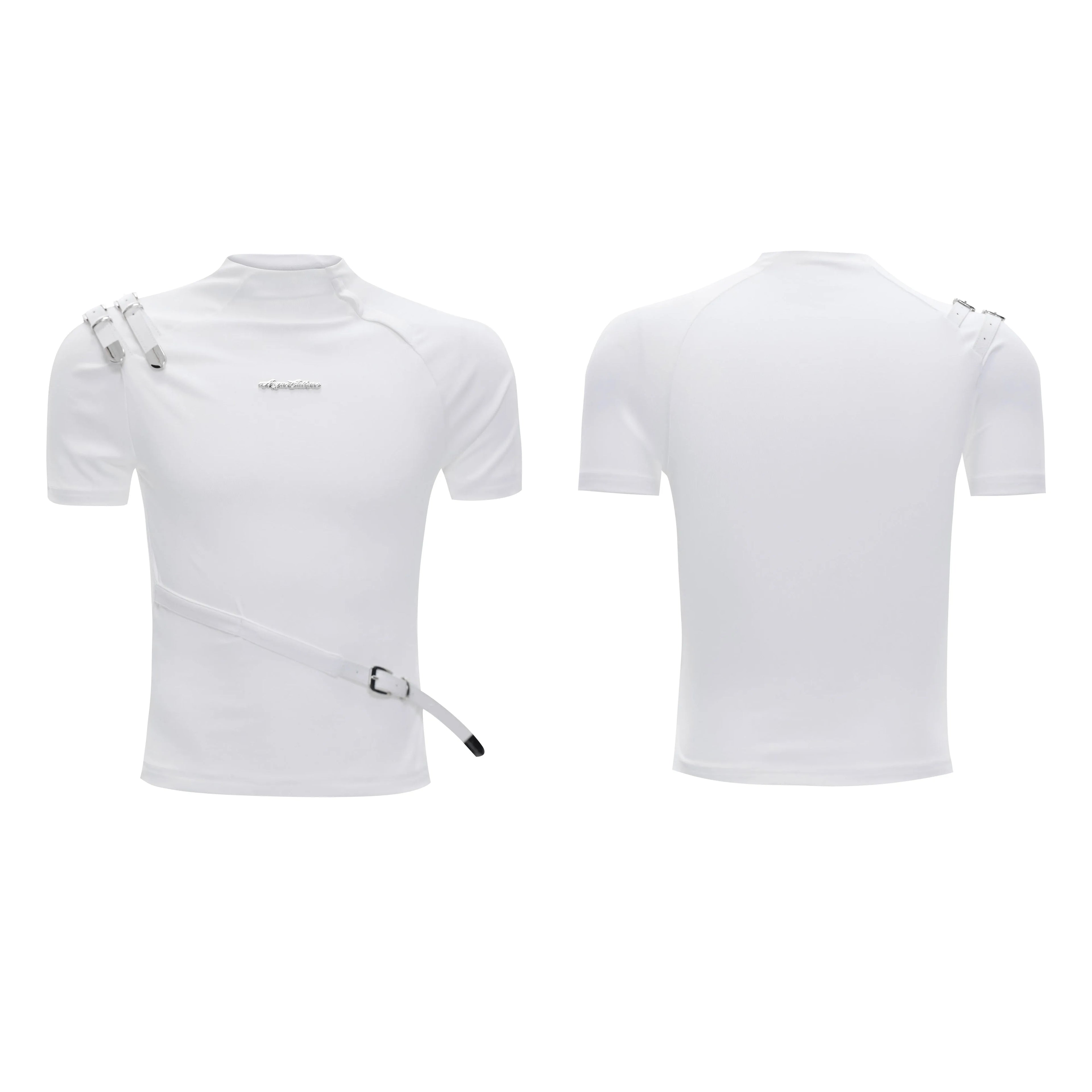 Cotton men's T-shirt with metal belt design and stand-up collar in black and white colours