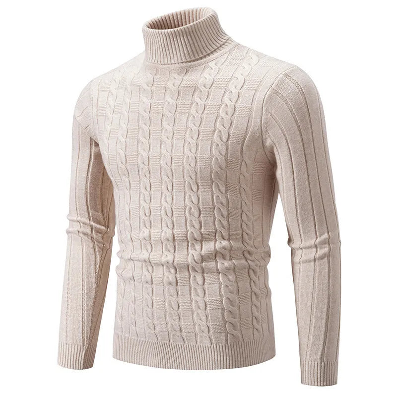Man wearing a milky white slim fit chenille turtleneck pullover
