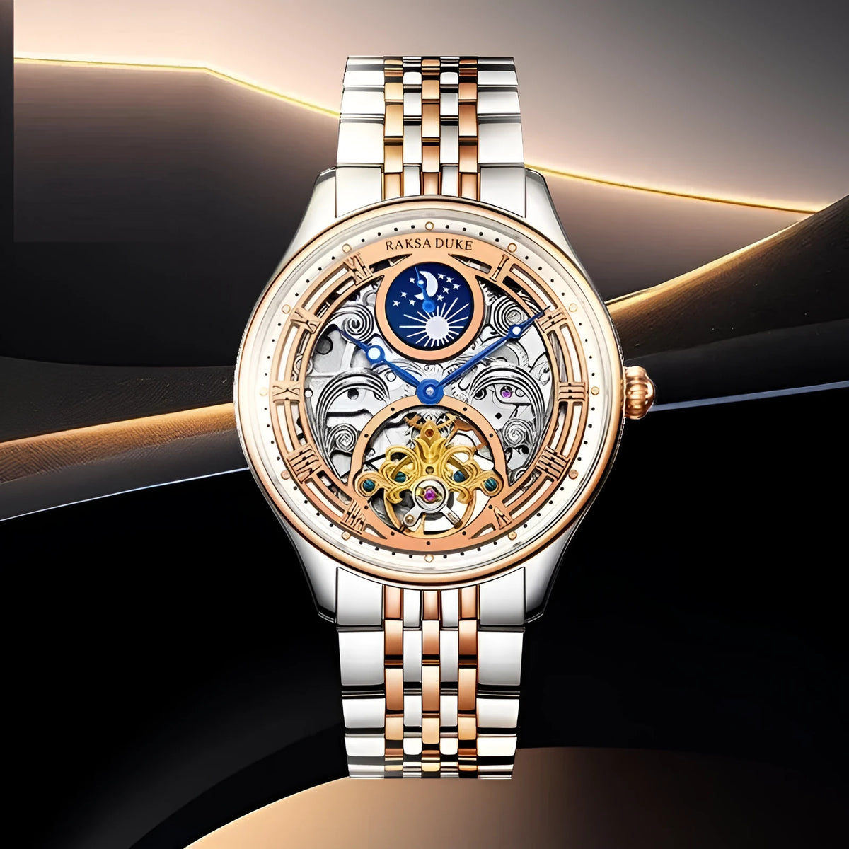 Men's business waterproof watch with stainless steel or leather strap in white or rose gold finish options