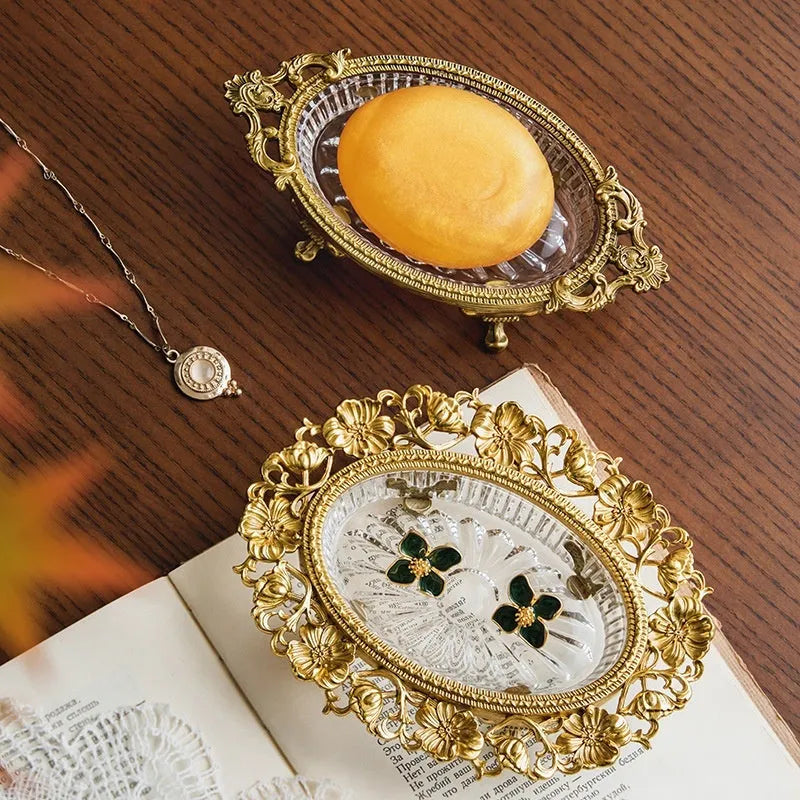 Aluminium jewellery storage dish with French Versailles carved crystal decorative tray design in two colour options
