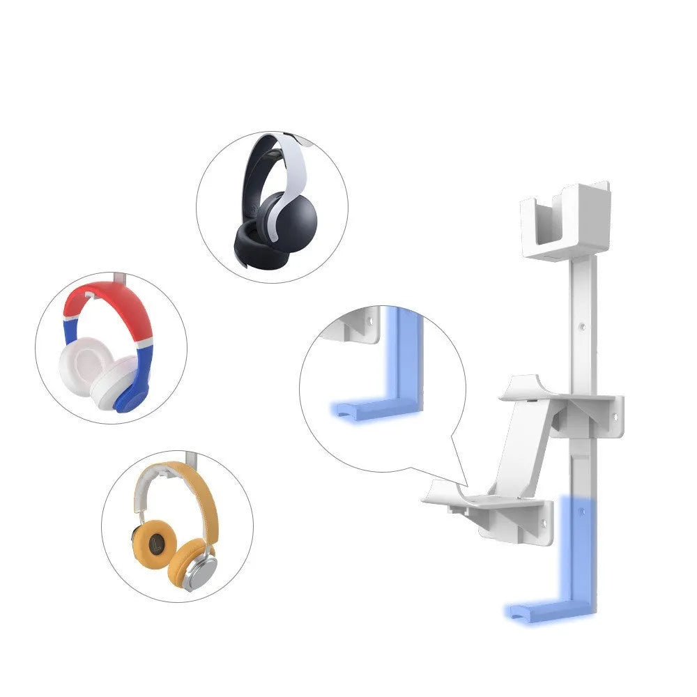 White ABS plastic wall hook holding a PS5 controller and headphones