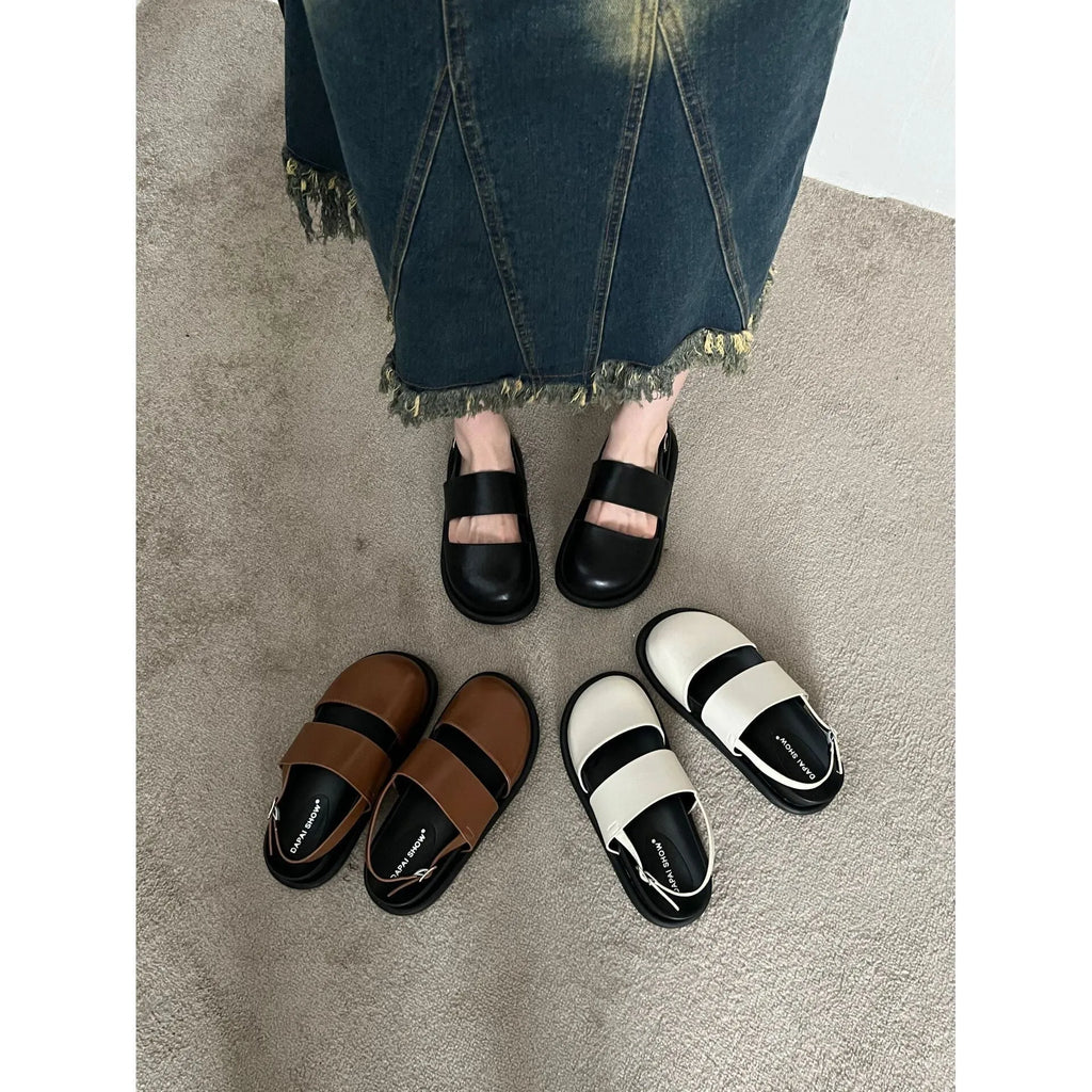 Korean retro sandals with closed toe design and adjustable ankle strap buckle in microfiber material