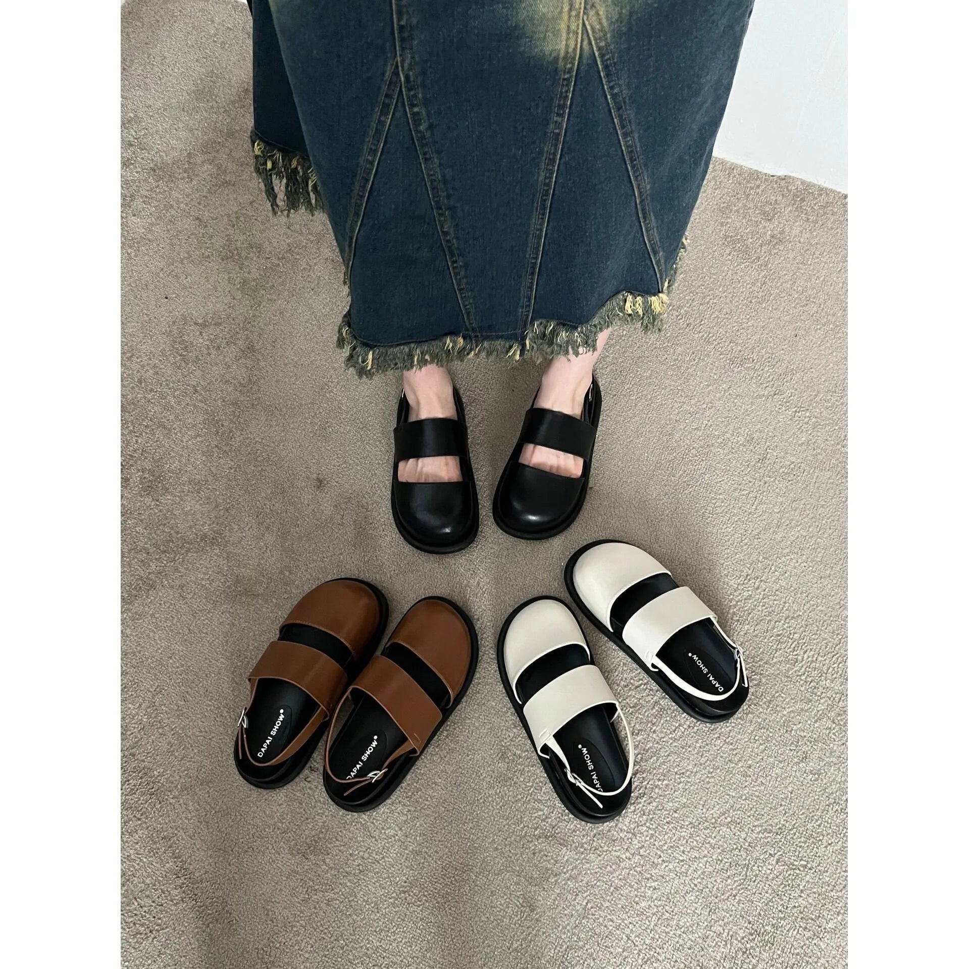 Korean retro sandals with closed toe design and adjustable ankle strap buckle in microfiber material