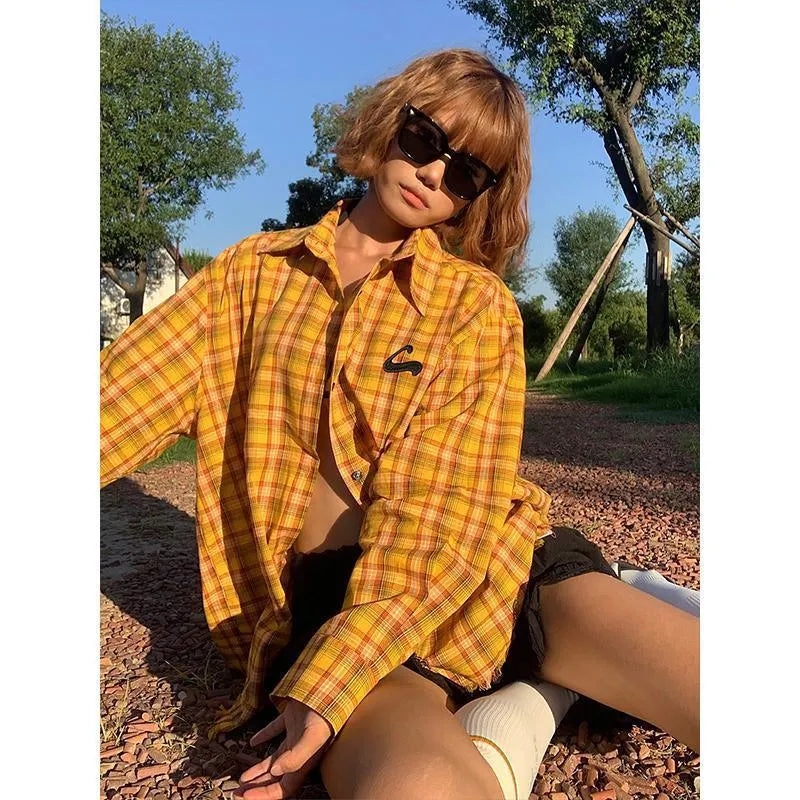 Dopamine yellow plaid loose fit shirt with cardigan styling in chemical fibre blend fabric