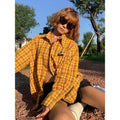 Dopamine yellow plaid loose fit shirt with cardigan styling in chemical fibre blend fabric