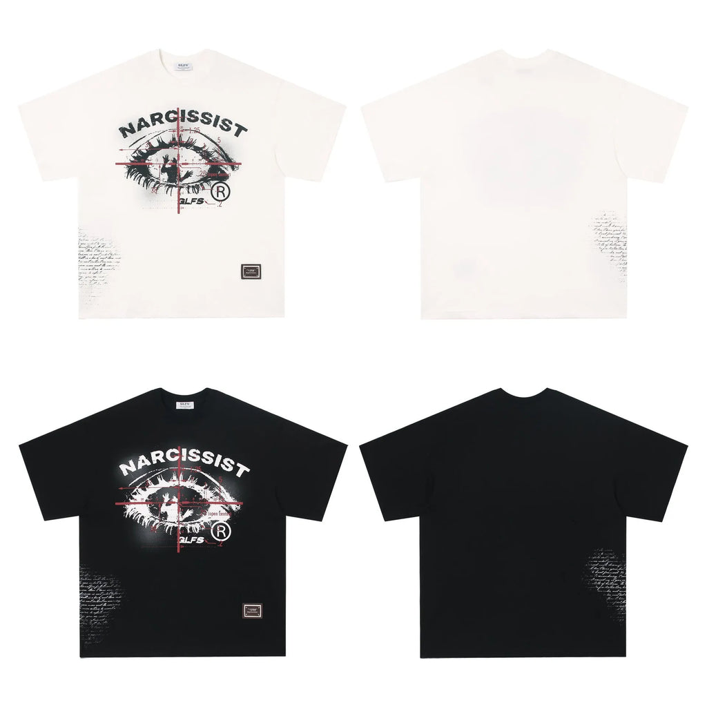 Black and white pure cotton retro hip hop t-shirt with large letter print design.
