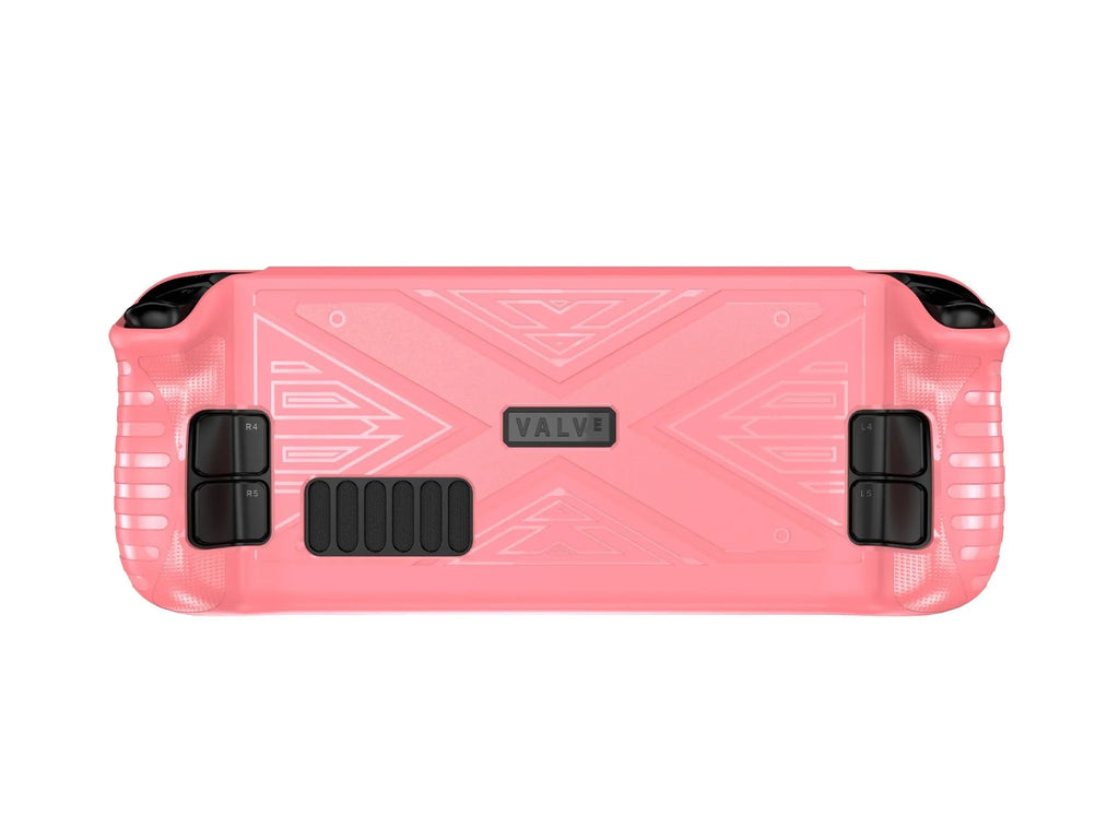 Red silicone protective case for Steam Deck handheld gaming console on a grey background.