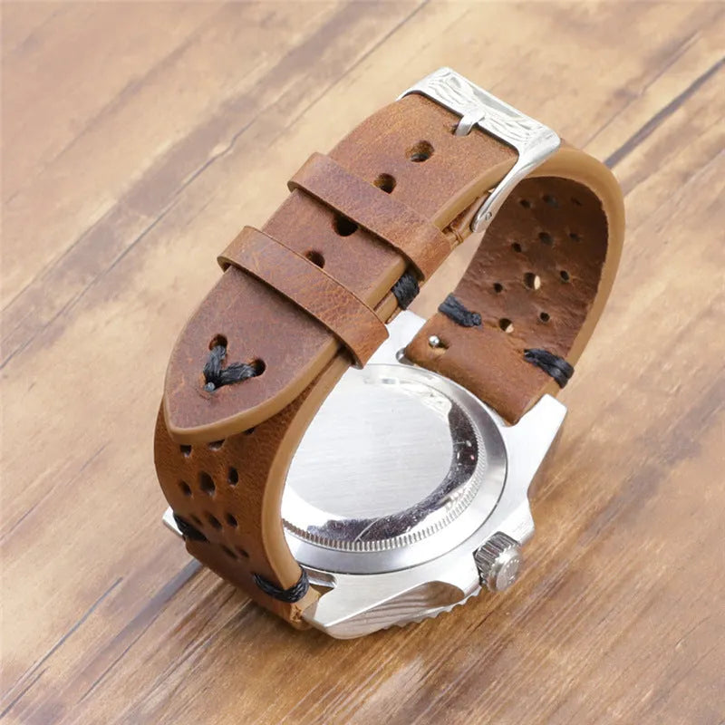 Handmade retro genuine leather watch band with stitched line, shown in dark grey, khaki and brown options
