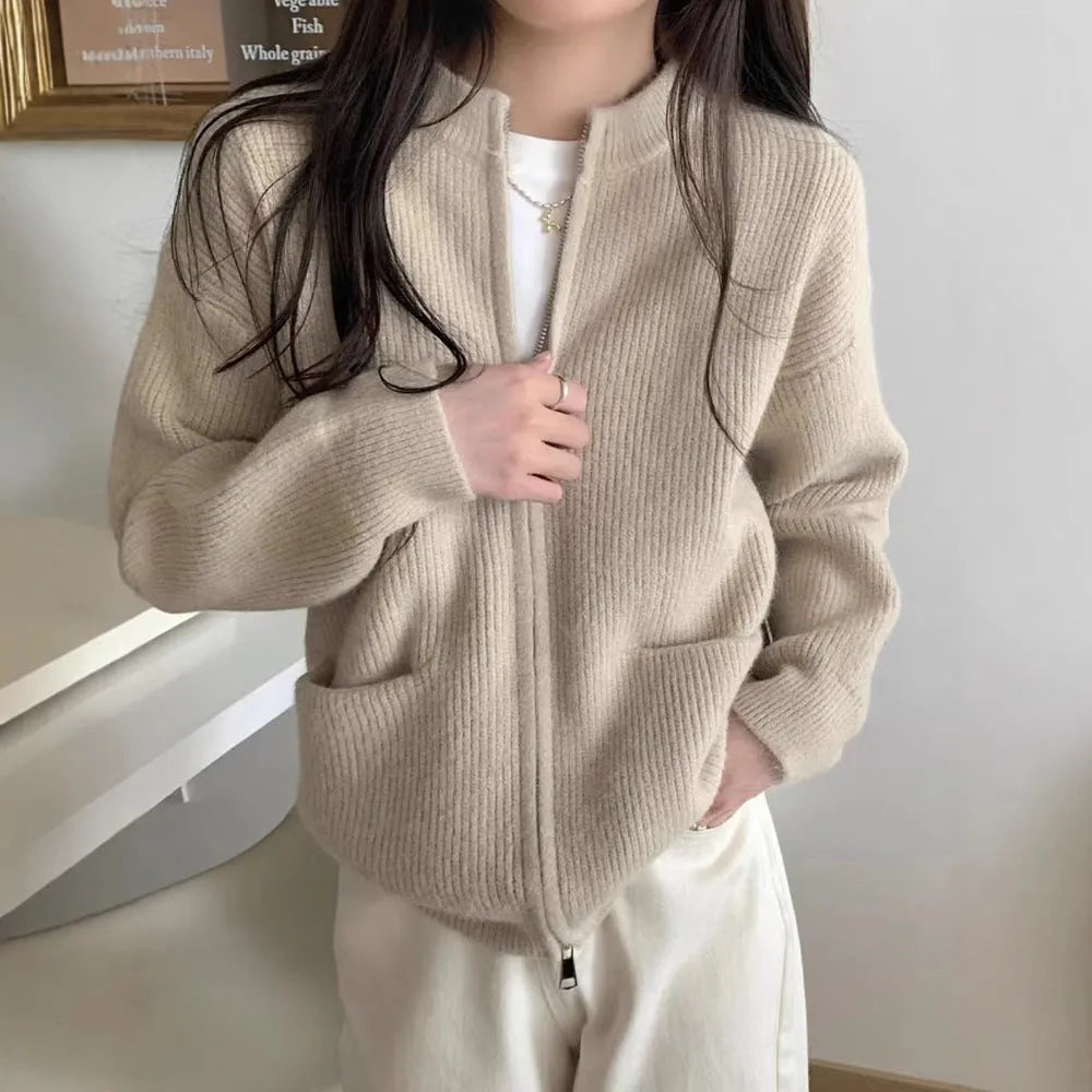 Women's beige viscose knit sweater coat with long sleeves and cardigan style
