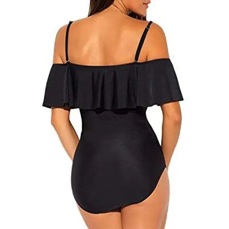 Black one-piece swimsuit with ruffled strap tube top design and solid color pattern for swimming