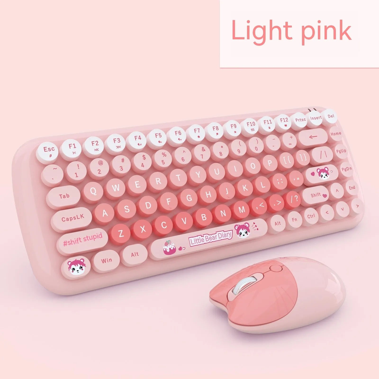 Candy pink wireless keyboard and mouse set with compact design on workspace