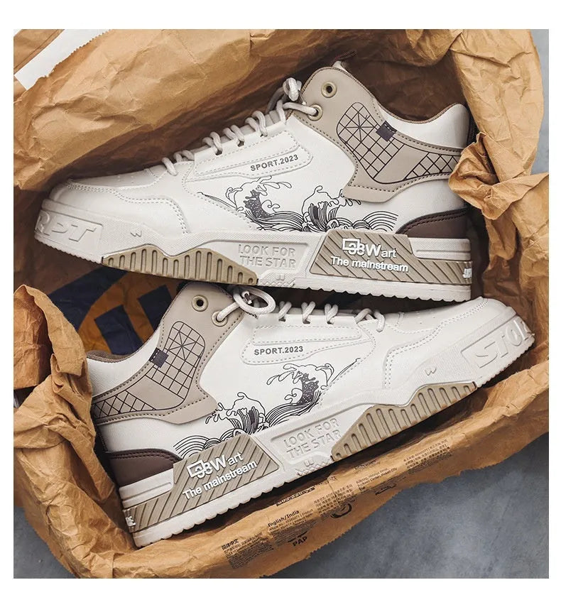 Men's beige, white, and blue high-top lace-up board sneakers on a white background.