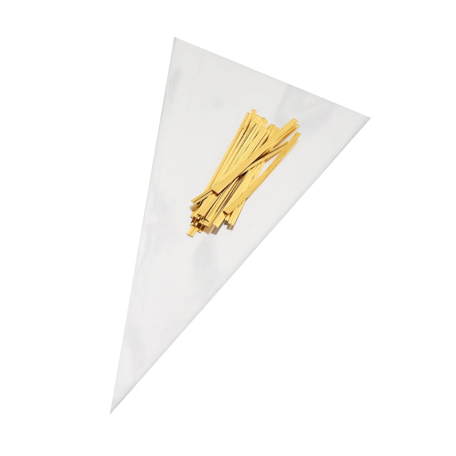 Clear triangle-shaped plastic packaging bags with a twisted wire tie closure on a white background.