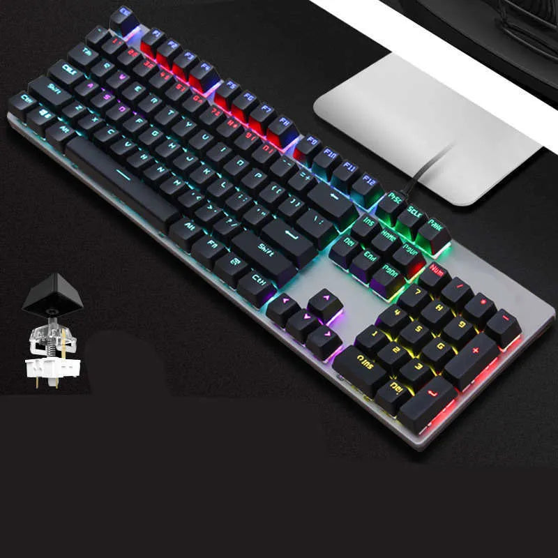 GK410 mechanical keyboard with green switches and metal construction showing full 104-key layout