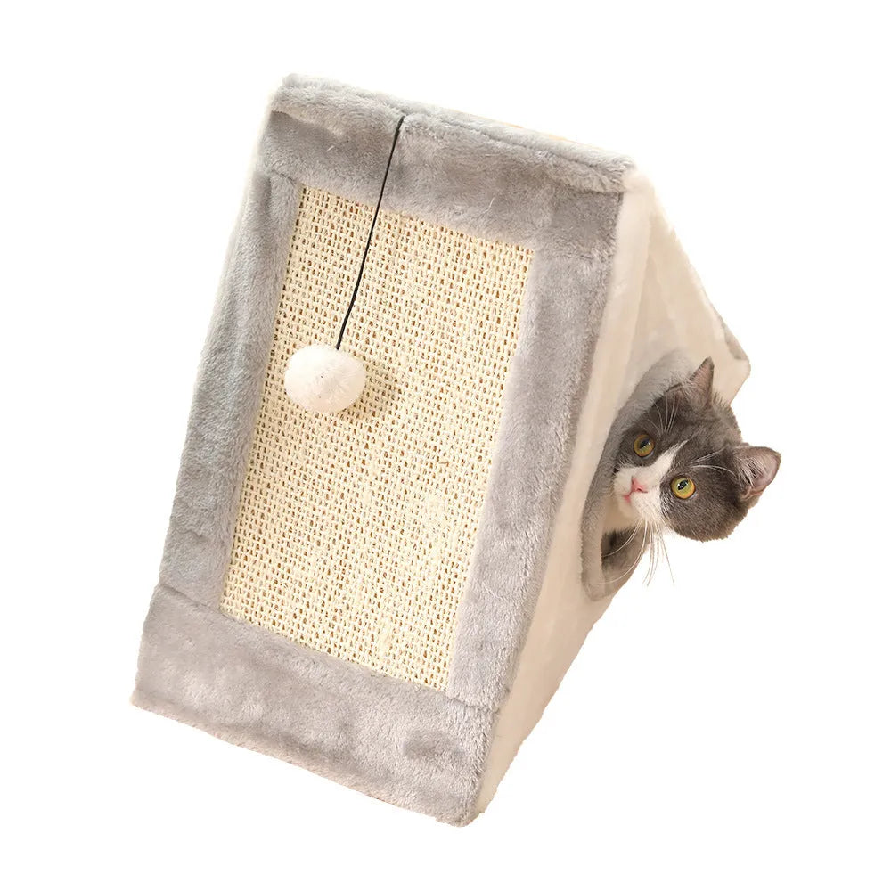 Triangular grey and white cat bed with integrated sisal scratching surfaces.