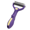 Purple plastic double-sided dog comb for removing tangles and mats from pet fur